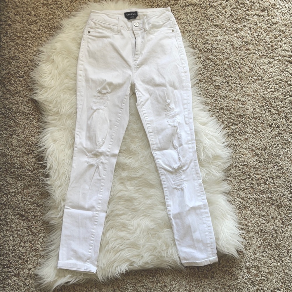 White High-Rise Distressed Bebe Jeans Size 24